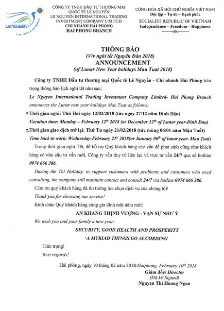 THÔNG BÁO LỊCH NGHỈ TẾT NGUYÊN ĐÁN 2018